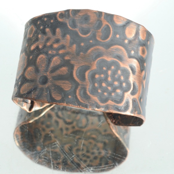 Floral Embossed Wide Cuff Bracelet Pure Solid Copper Patina Flowers Handmade - Picture 3 of 11